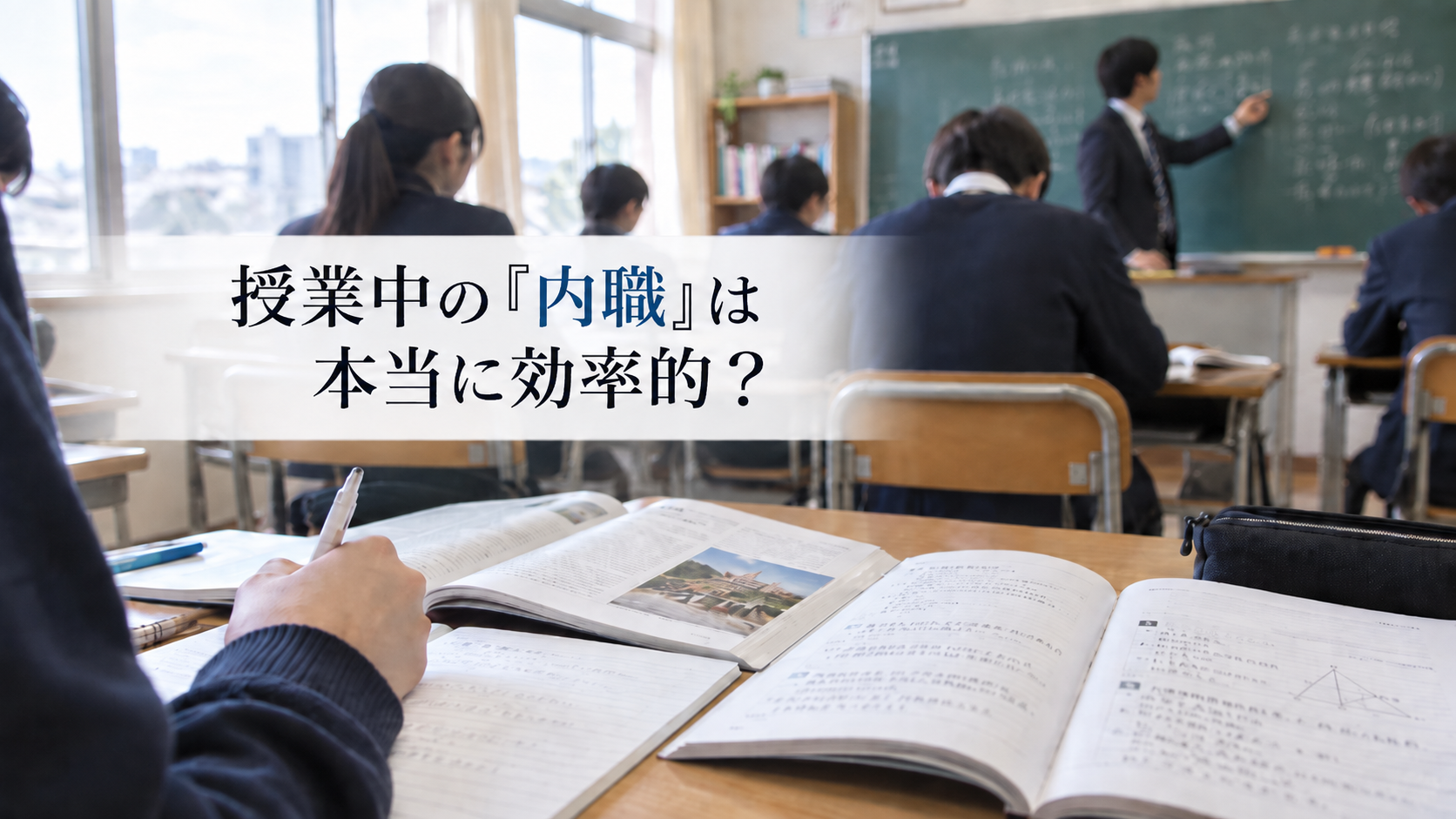 授業中に別の問題集へ取り組む高校生と「内職は本当に効率的?」という問いを示した教室風景