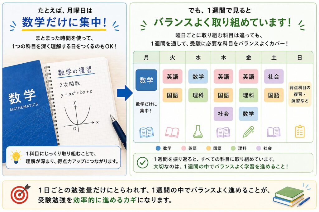 1日は数学に集中し、1週間全体で英語・国語・理科・社会にも取り組む学習計画の例