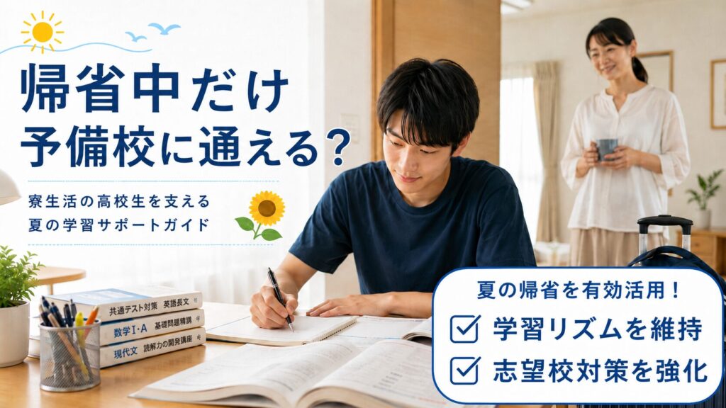 夏休みに帰省し、自宅で勉強する寮生活の高校生と見守る保護者