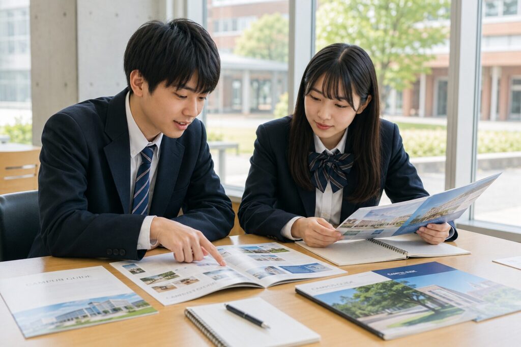 大学案内や資料を机に広げて、進路について一緒に考えている高校生2人のイメージ