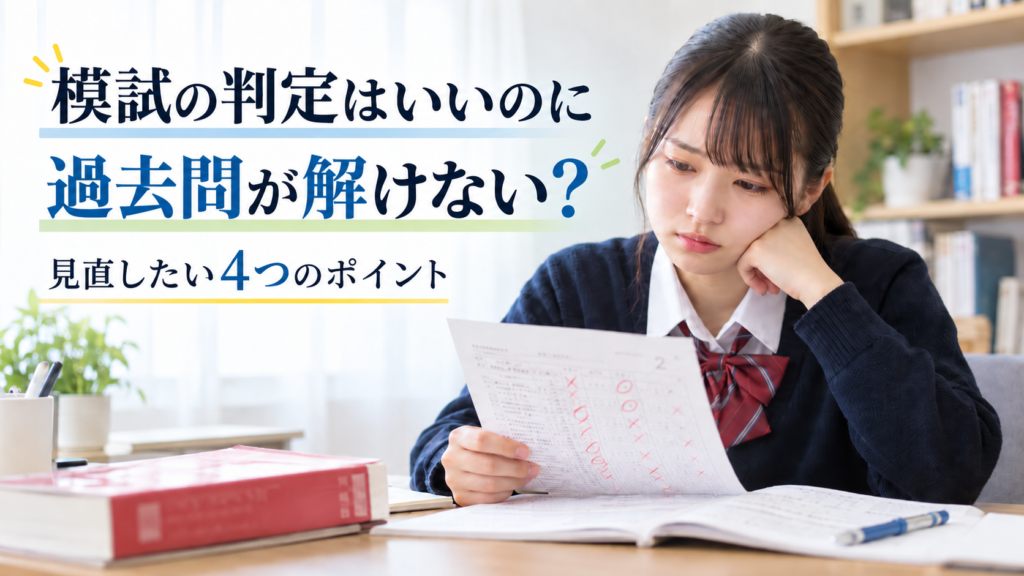 模試の判定はいいのに過去問が解けず、答案を見ながら悩む高校生