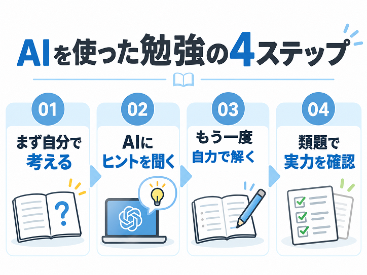 AIを活用した勉強の4ステップ。自分で考える、AIにヒントを聞く、もう一度自力で解く、類題で理解度を確認する流れを示した図解。