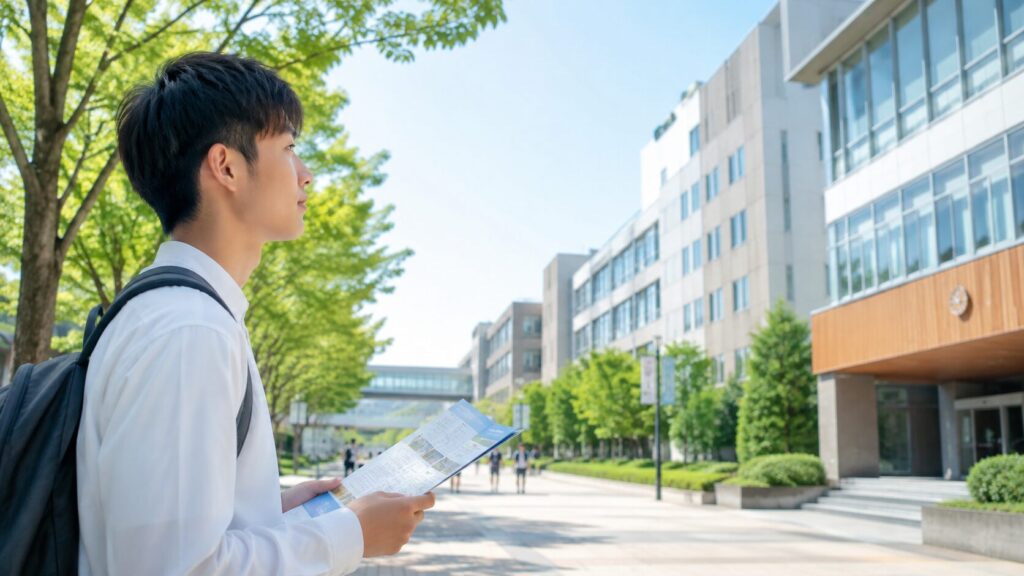 大学案内を手に、キャンパスの雰囲気を実際に確かめる男子高校生のイメージ