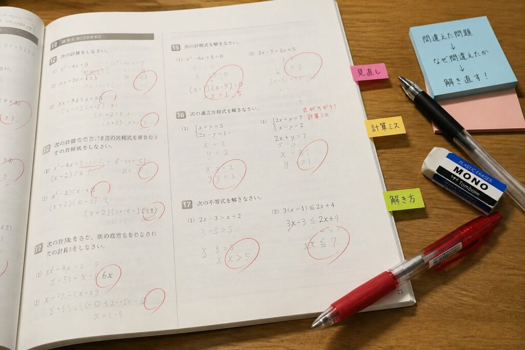 間違えた問題を赤ペンで見直し、付箋を使って復習している問題集のイメージ