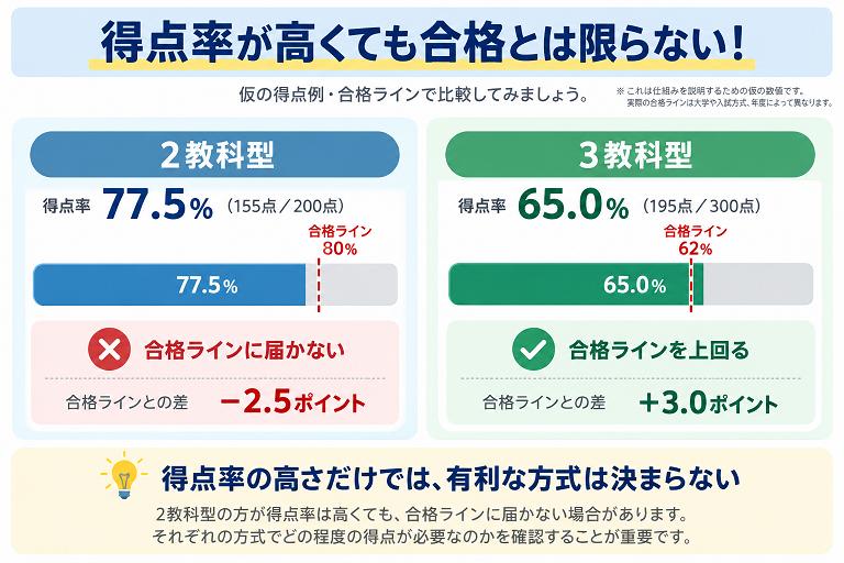 2教科型は得点率77.5％で合格ライン80％に届かず、3教科型は得点率65％で合格ライン62％を上回る仮の得点例を比較した図解。