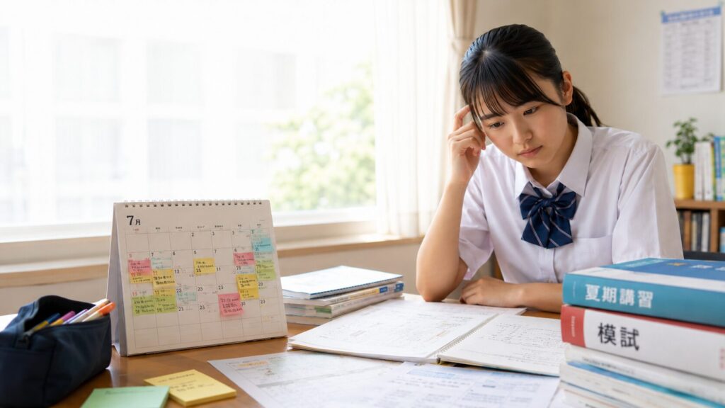 夏休みの宿題や模試対策の教材を前に、何から取り組むべきか考える受験生
