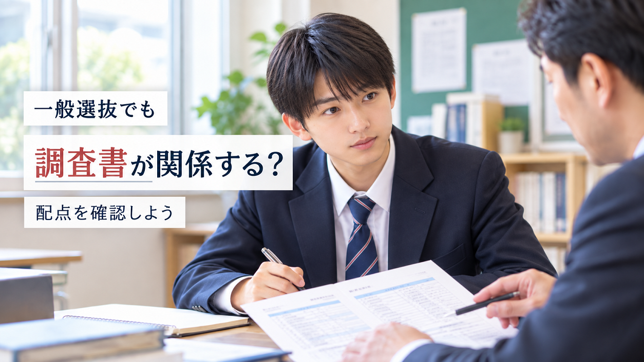学校の進路面談で、先生と大学入試の資料を確認しながら、一般選抜における調査書の扱いや配点について相談する男子高校生