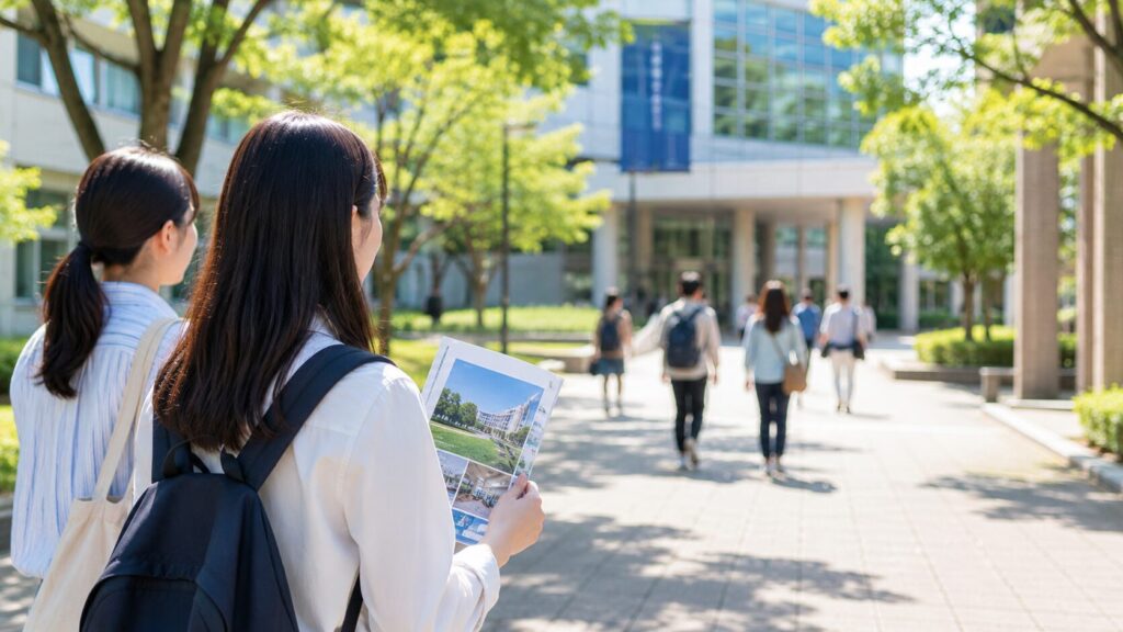 大学パンフレットを持ってキャンパスを見学する高校生