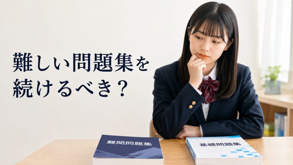 難しい問題集と基礎問題集を前に、どちらを選ぶか迷う高校生2枚目