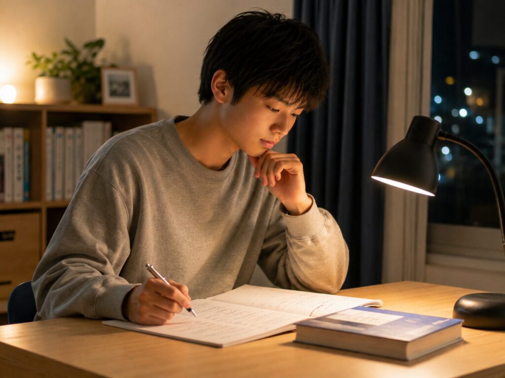 自宅の机で、その日の勉強内容を振り返りながらノートを書く男子高校生