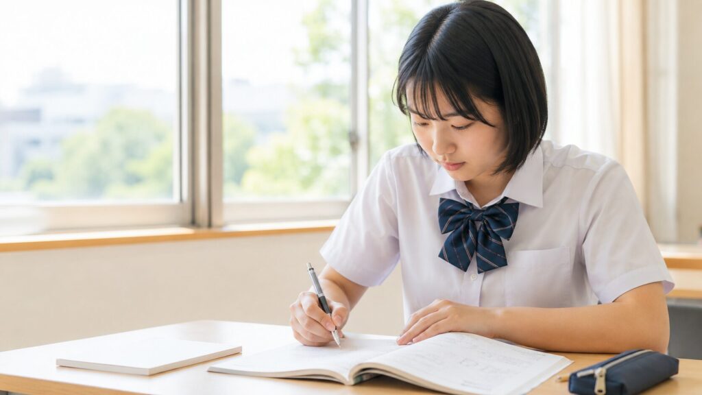 教室で1科目に集中して勉強する高校生