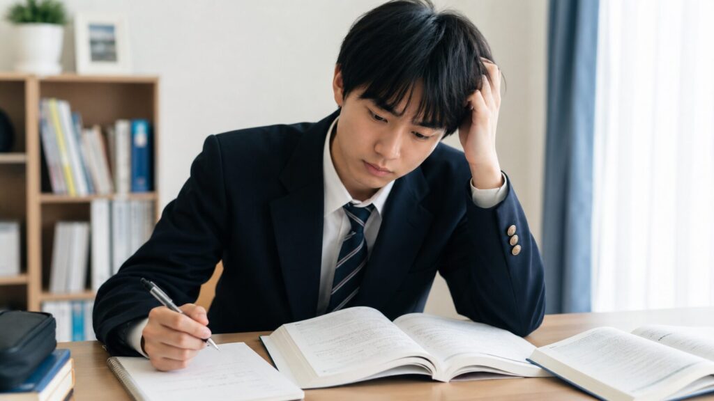 難しい問題集に取り組み、解き方がわからず手が止まる高校生