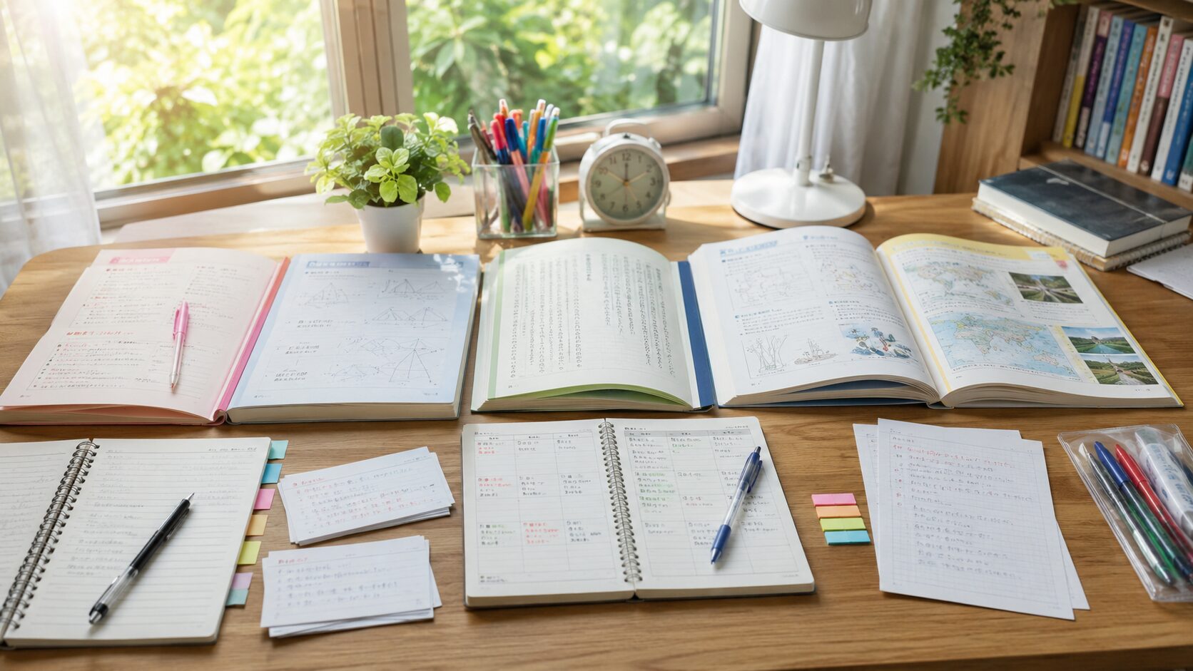 夏期講習に向けて科目別の参考書とノートを確認するイメージ