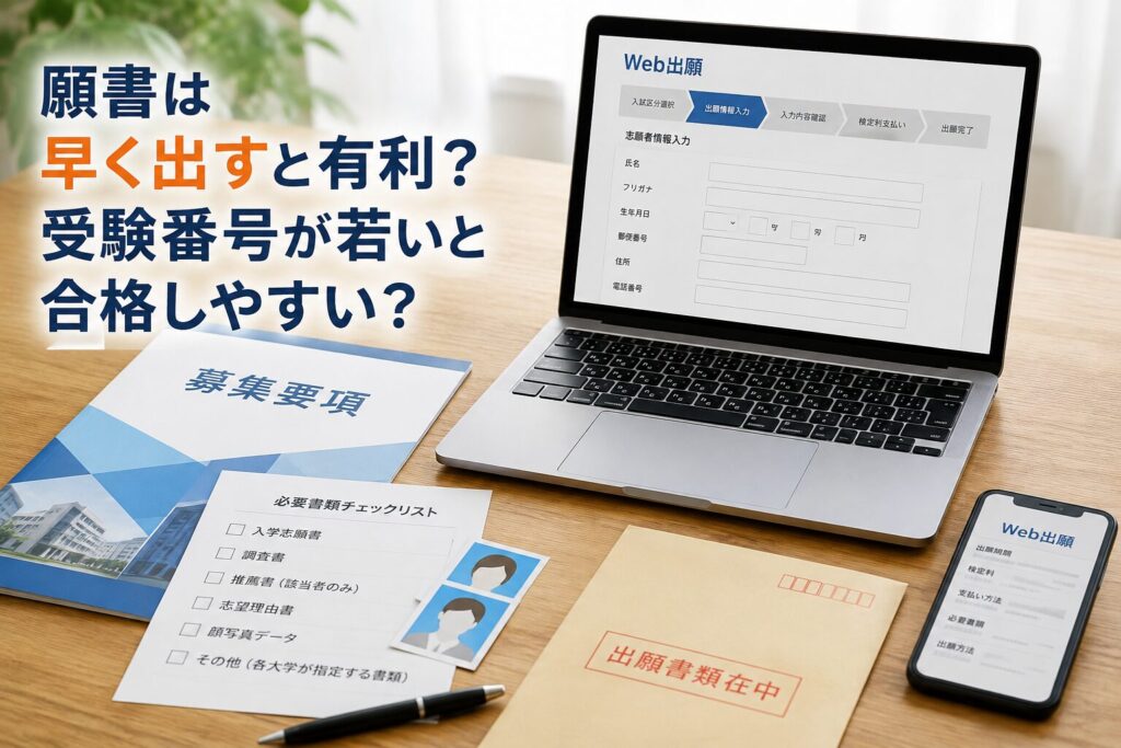 大学受験のWeb出願画面と募集要項、必要書類を確認しながら出願準備を進めるイメージ