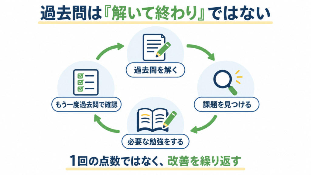 過去問演習の改善サイクルを示した図解。過去問を解く、課題を見つける、必要な勉強をする、もう一度過去問で確認、という流れを繰り返すことを表している