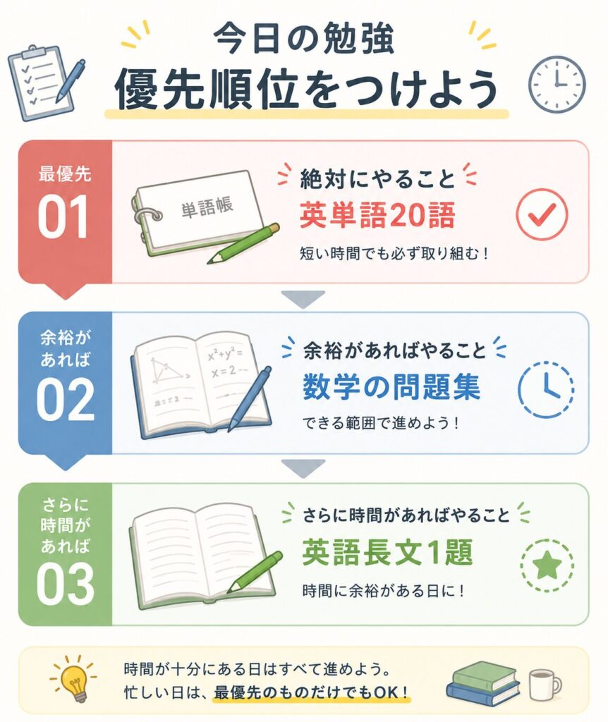 忙しい日の勉強を、英単語・数学の問題集・英語長文の3段階で優先順位づけした図