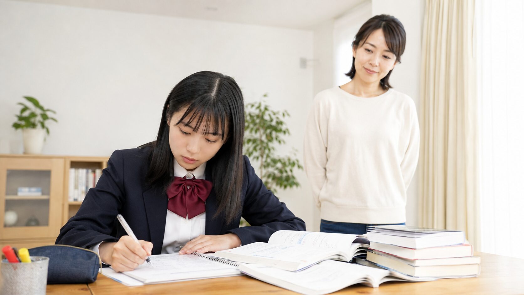 大学受験に向けて勉強する受験生を保護者が見守る様子