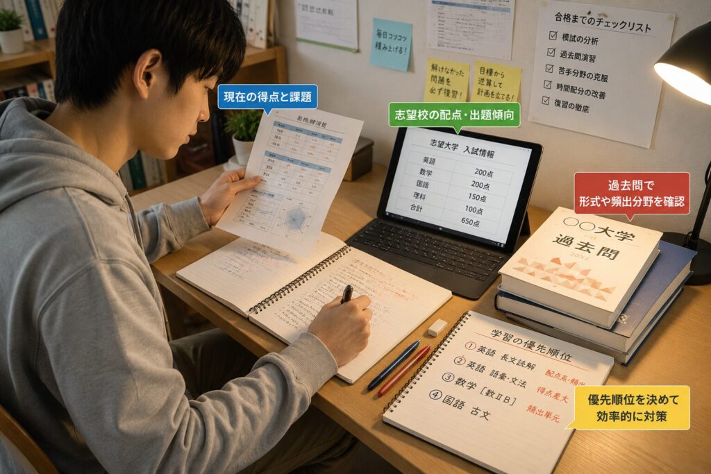 過去問と模試結果から学習の優先順位を整理する受験生