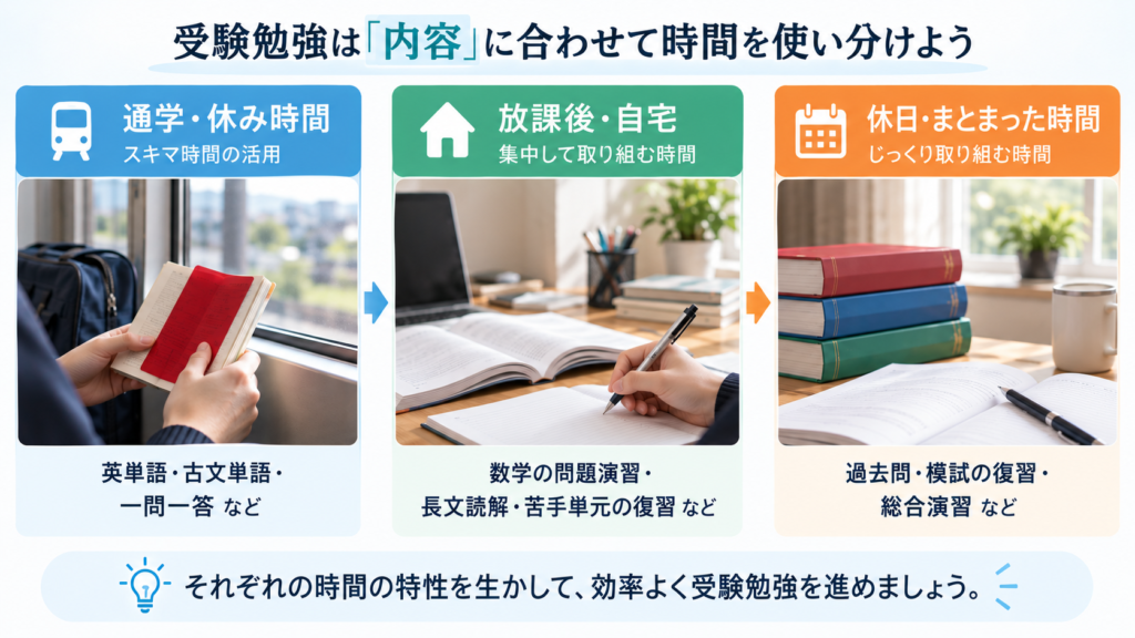 通学・休み時間、放課後・自宅、休日で受験勉強の内容を使い分ける方法を示した図
