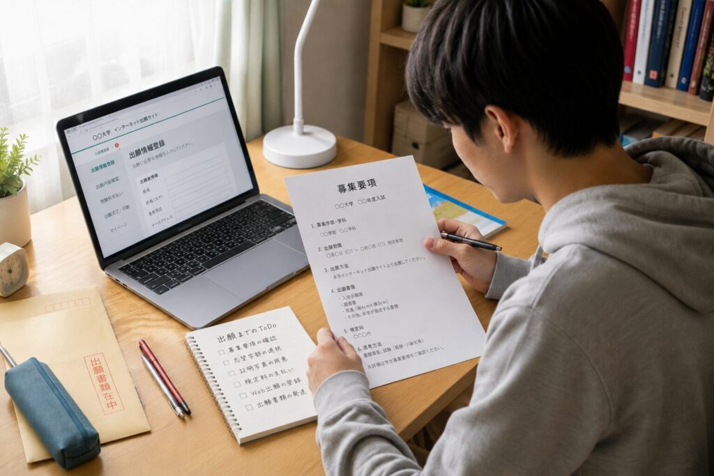 大学受験の出願準備として、募集要項を確認しながらノートPCで情報を整理している男子高校生のイメージ