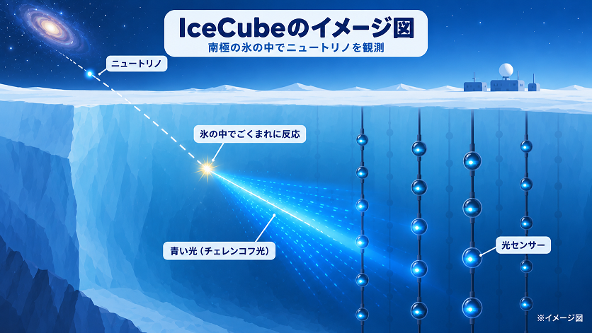 南極の氷の中でニュートリノが反応し、発生したチェレンコフ光を光センサーで検出するIceCube観測施設のイメージ図