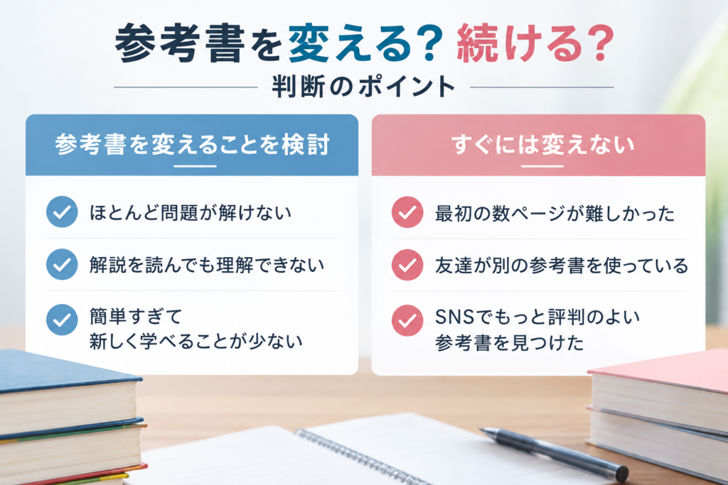 参考書を変えるか続けるかの判断ポイントを比較した図