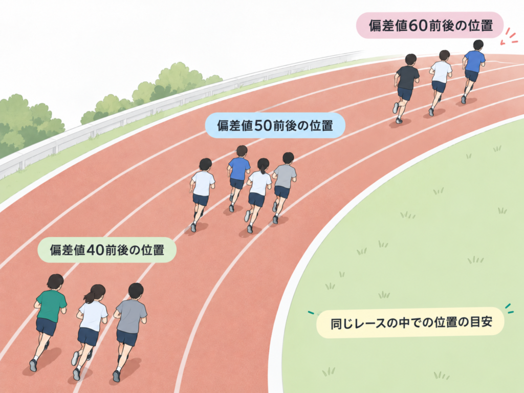 偏差値40・50・60前後の位置関係をマラソンに例えたイメージ