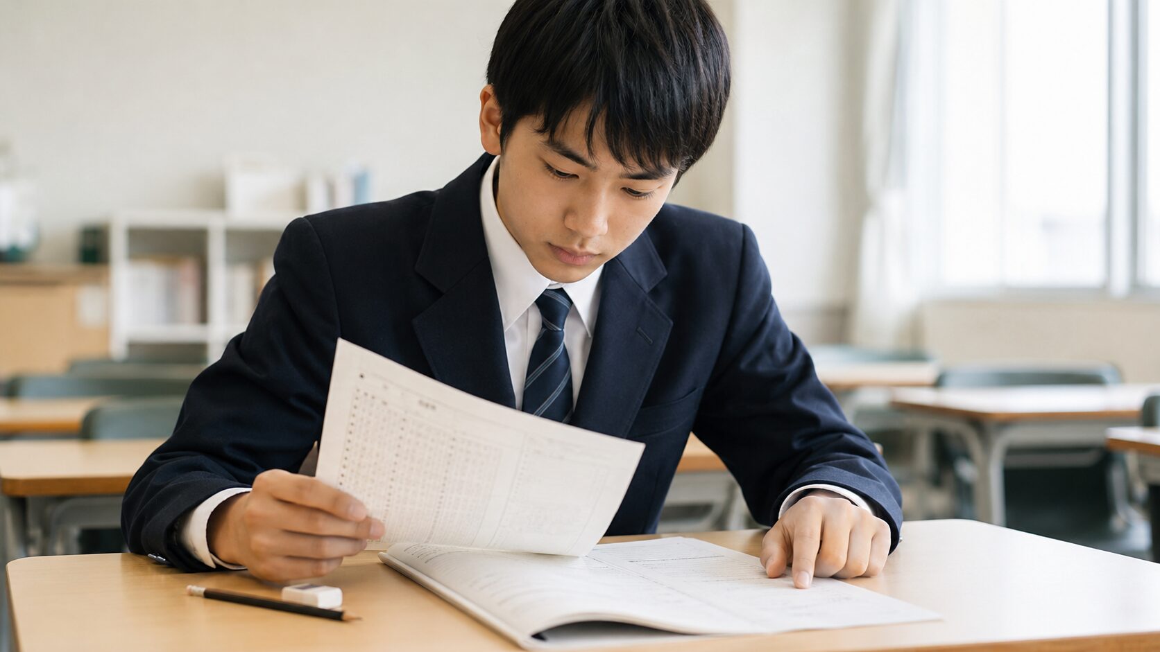 共通テスト本番でマークミスを確認する受験生