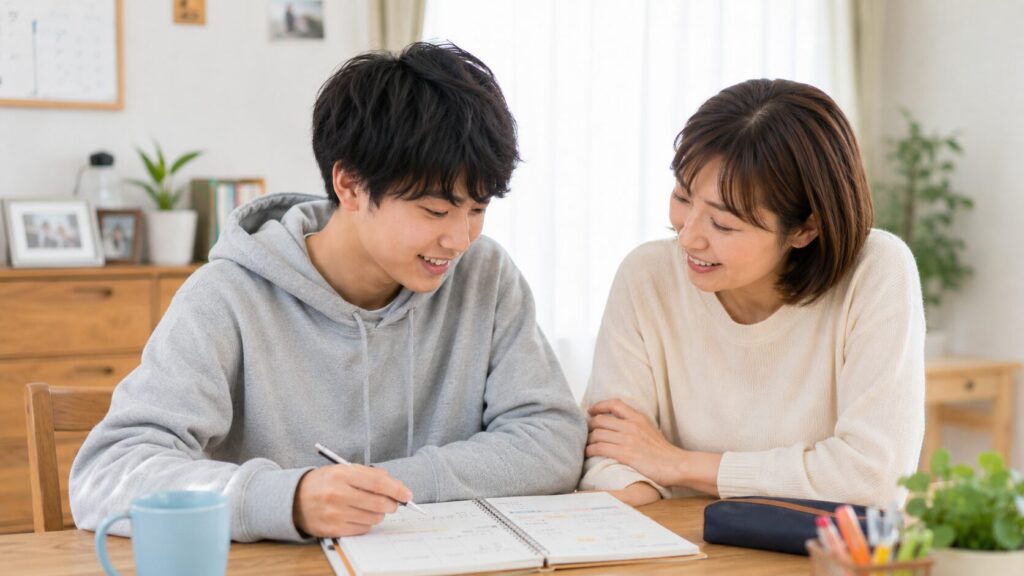 大学受験に向けて保護者と受験生が学習計画を話し合う様子