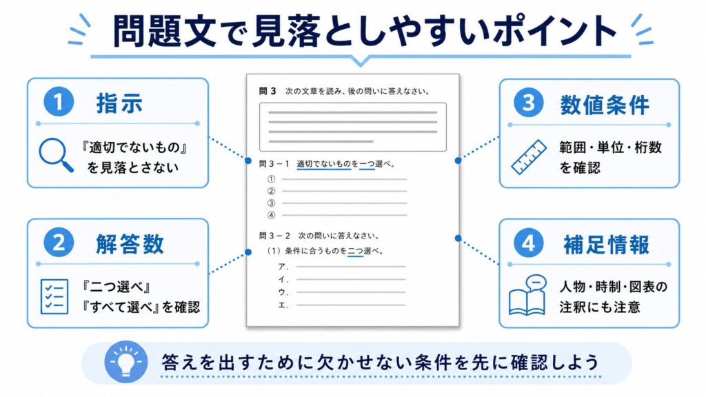 受験問題で見落としやすい指示や条件を示した図