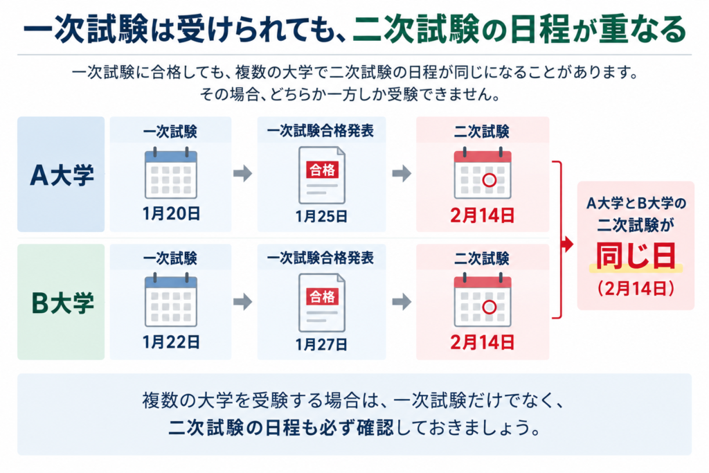 A大学とB大学の一次試験に合格しても、二次試験が同じ2月14日になる場合があることを示した図解