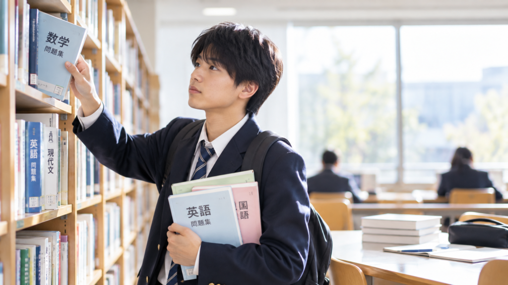 推薦・総合型選抜の試験を終え、一般選抜対策に向けて本棚から数学の問題集を取る男子高校生