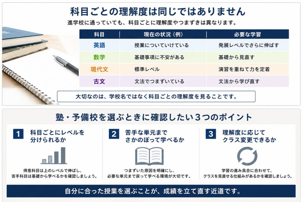 進学校の生徒でも英語や数学、国語など科目ごとに理解度が異なることを示した図