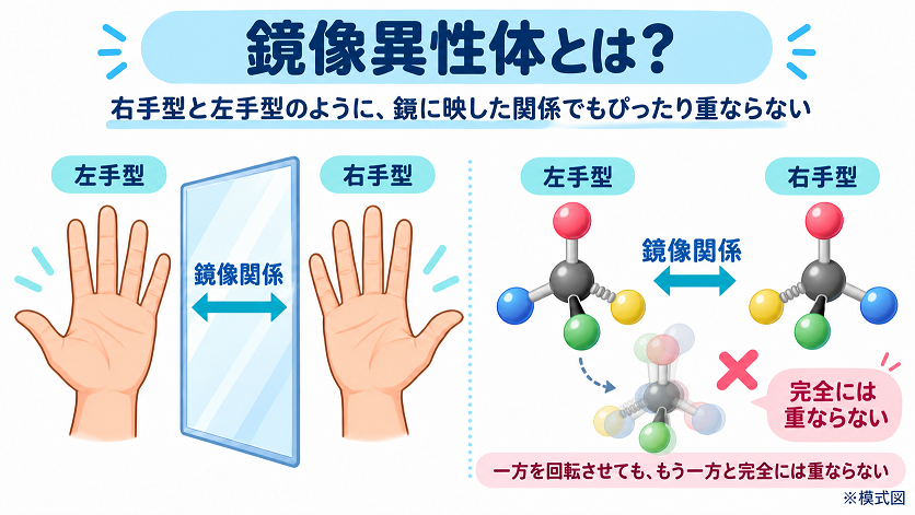左右の手と分子の模式図を使い、鏡に映した関係にありながら回転させても完全には重ならない鏡像異性体の特徴を説明した図解