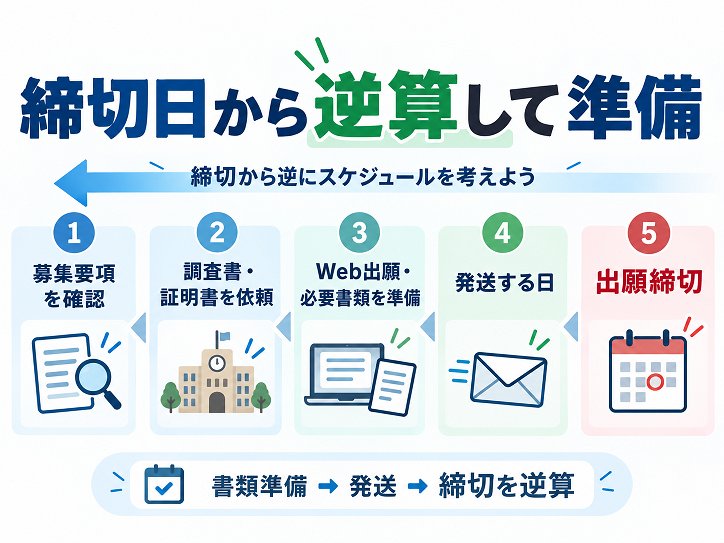大学入試の出願締切から発送日、Web出願や必要書類の準備、調査書・証明書の依頼、募集要項の確認まで逆算する流れを示した図