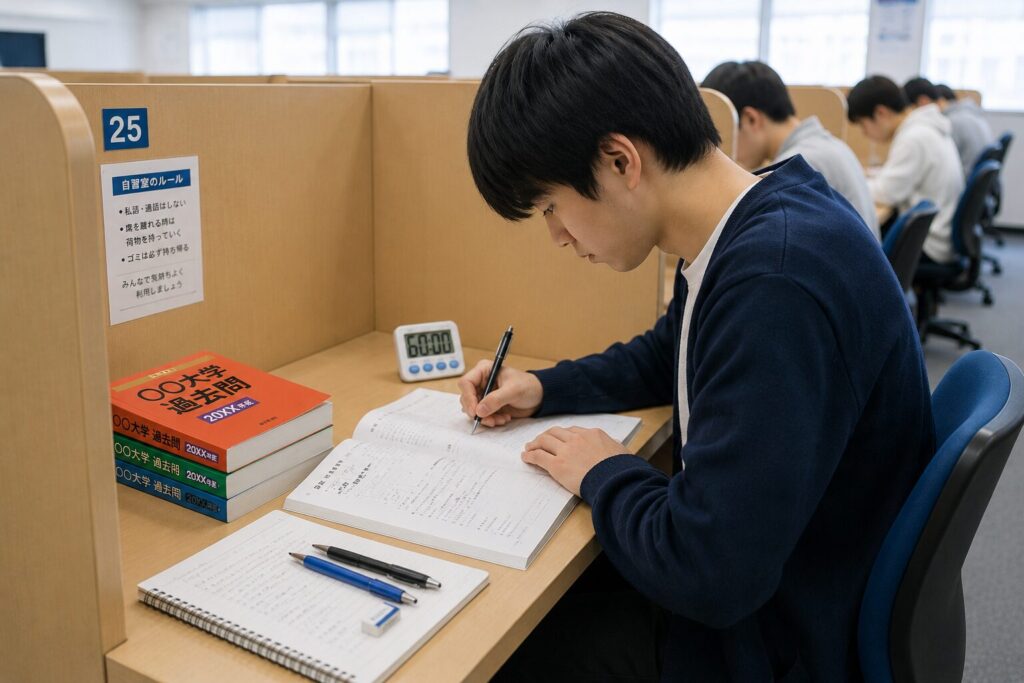 予備校の自習室で過去問演習に取り組む受験生のイメージ