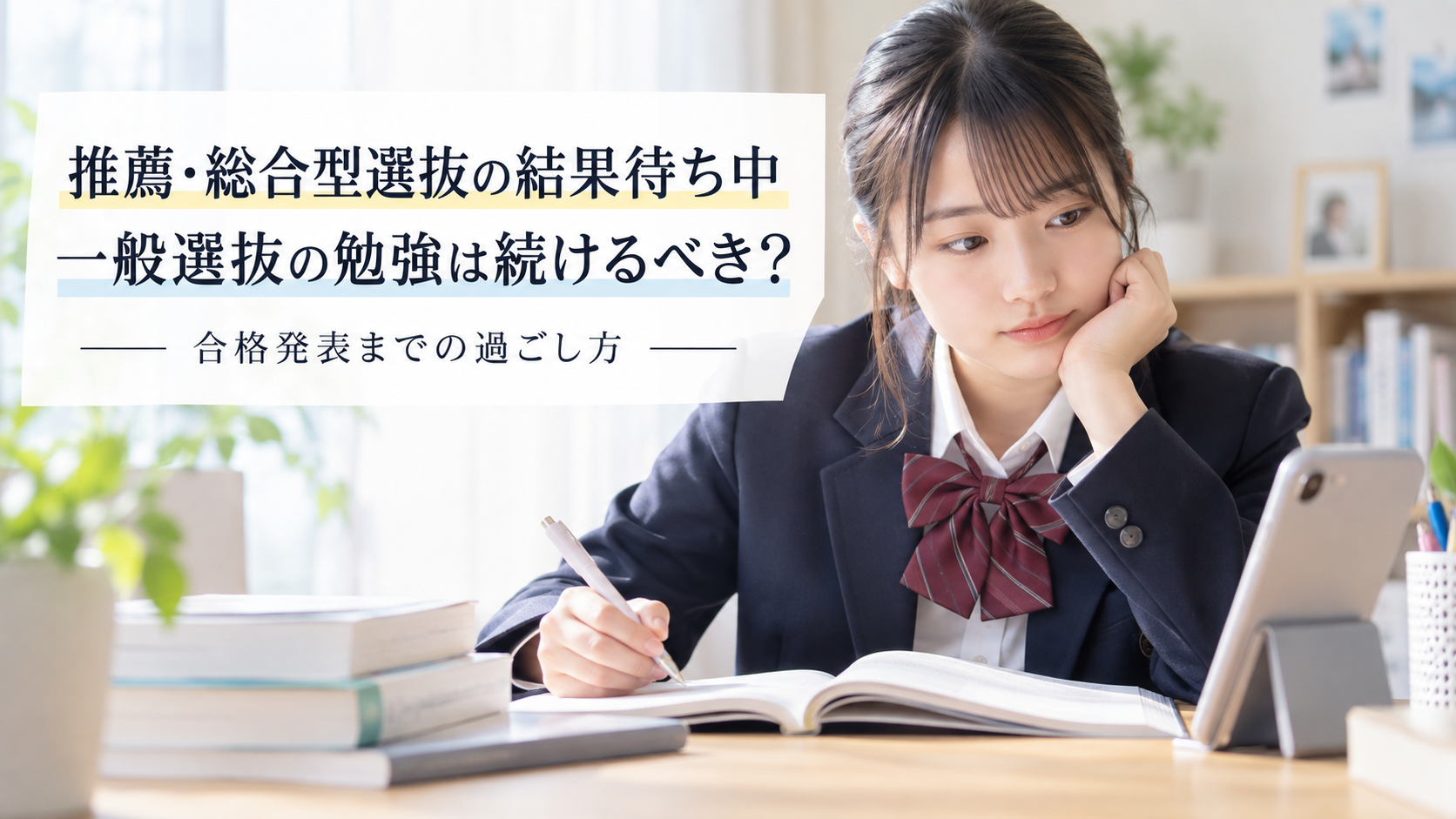 推薦・総合型選抜の結果を待ちながら、一般選抜の勉強を続けるべきか悩む女子高校生