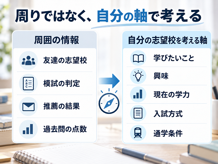 友達の志望校や模試結果に流されず、学びたい内容や入試方式など自分の基準で志望校を考える図