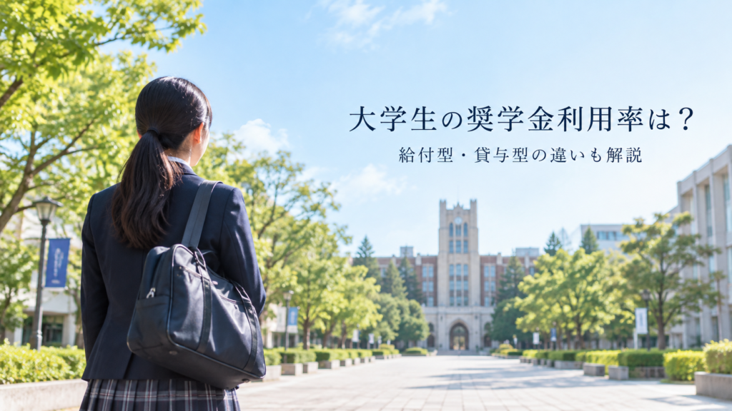 大学キャンパスを前に立つ女子高校生と奨学金について考えるイメージ