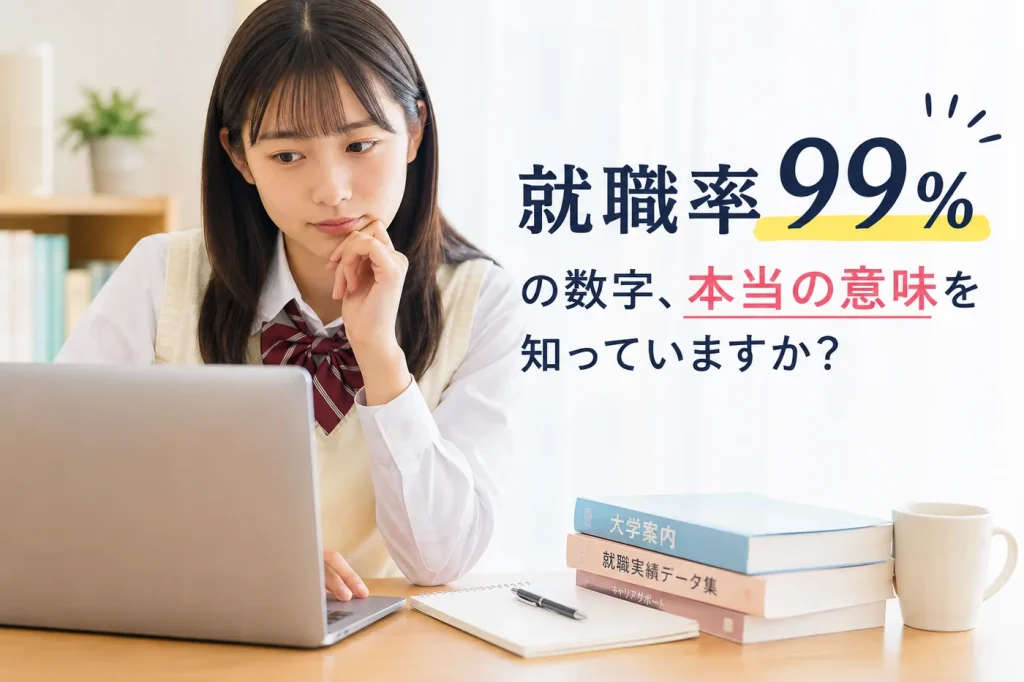 大学の就職率99%という数字について考えながら、パソコンで進路情報を調べる高校生