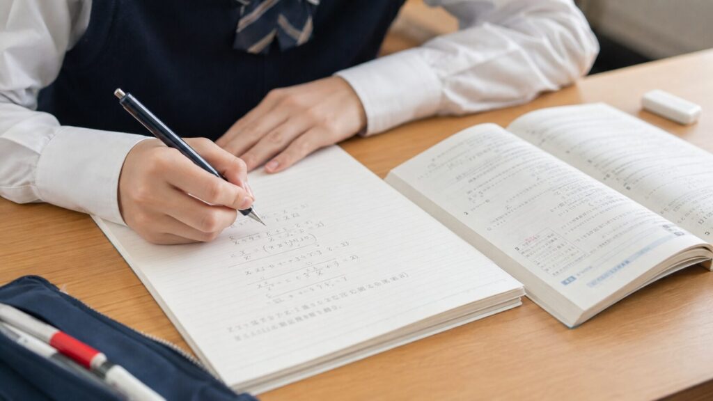 ノートに途中式を書きながら問題集を解き進める高校生