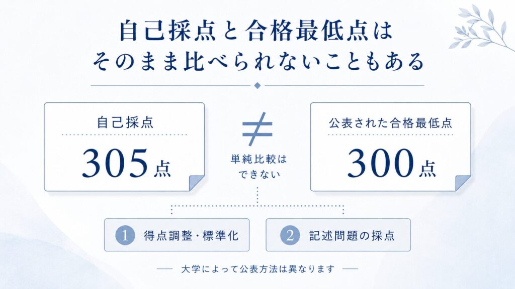 過去問の自己採点305点と公表された合格最低点300点は、得点調整や標準化、記述問題の採点などにより単純比較できない場合があることを示した図解