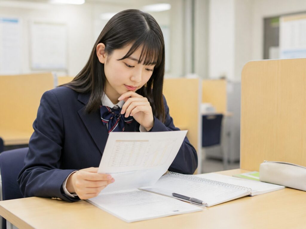 予備校の学習室で配点表を見ながら学習計画を考える受験生のイメージ