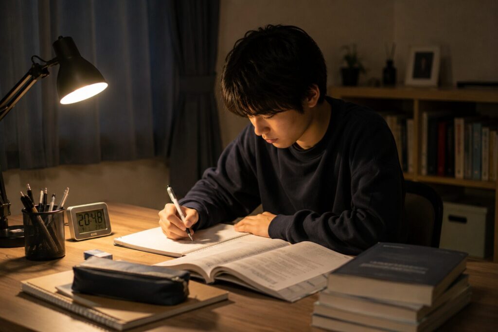 夜、自宅の机で受験勉強に取り組む高校生のイメージ