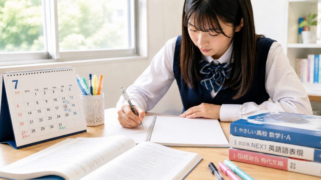高1・高2の夏休み前に、カレンダーや参考書を使って学習計画を立てる高校生