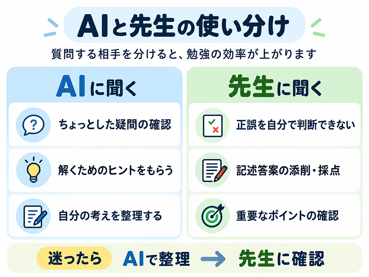 AIと先生の役割を比較した図解。AIは問題を解くヒントや疑問点の整理に、先生は答案の添削や理解不足の確認に活用する方法を紹介。