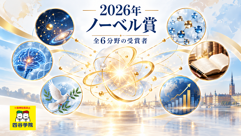 2026年ノーベル賞全6分野の受賞者を紹介するアイキャッチ。物理学、化学、生理学・医学、文学、平和、経済学を象徴するイラスト