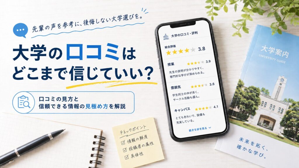 大学の口コミをスマートフォンで確認しながら、大学案内や情報を比較しているイメージ