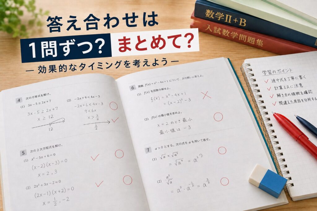 大学受験向けの問題集に赤ペンで答え合わせをしている学習机。1問ずつ確認するか、まとめて確認するかを考えるイメージ