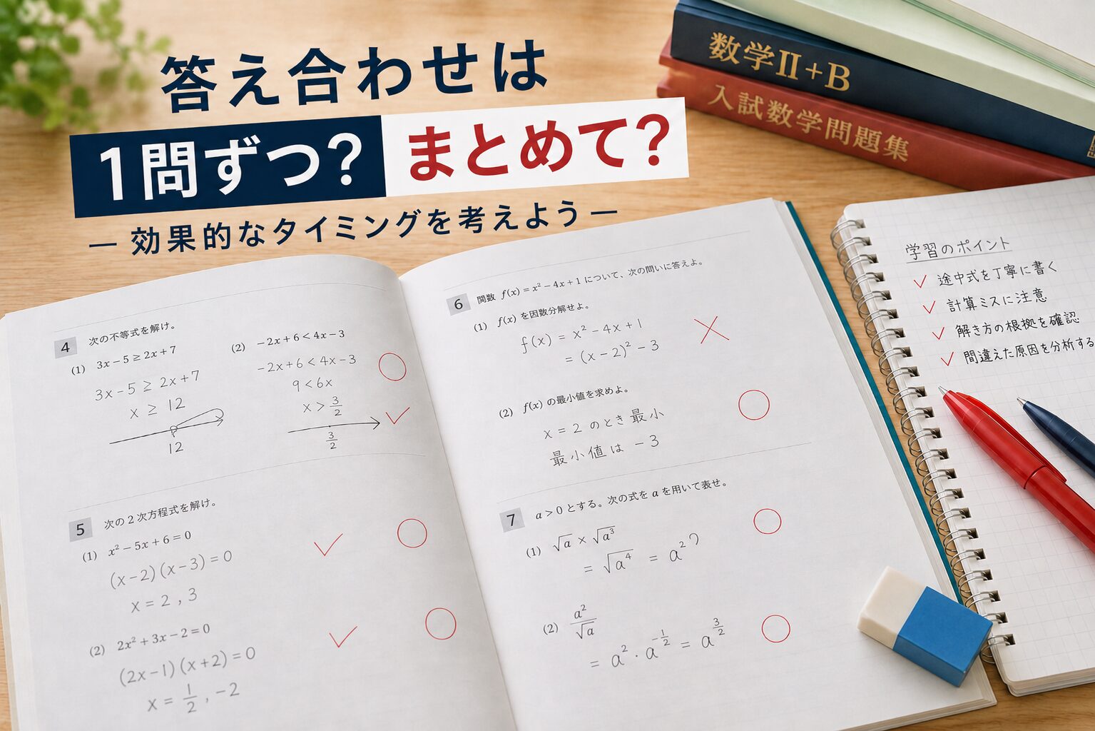 大学受験向けの問題集に赤ペンで答え合わせをしている学習机。1問ずつ確認するか、まとめて確認するかを考えるイメージ